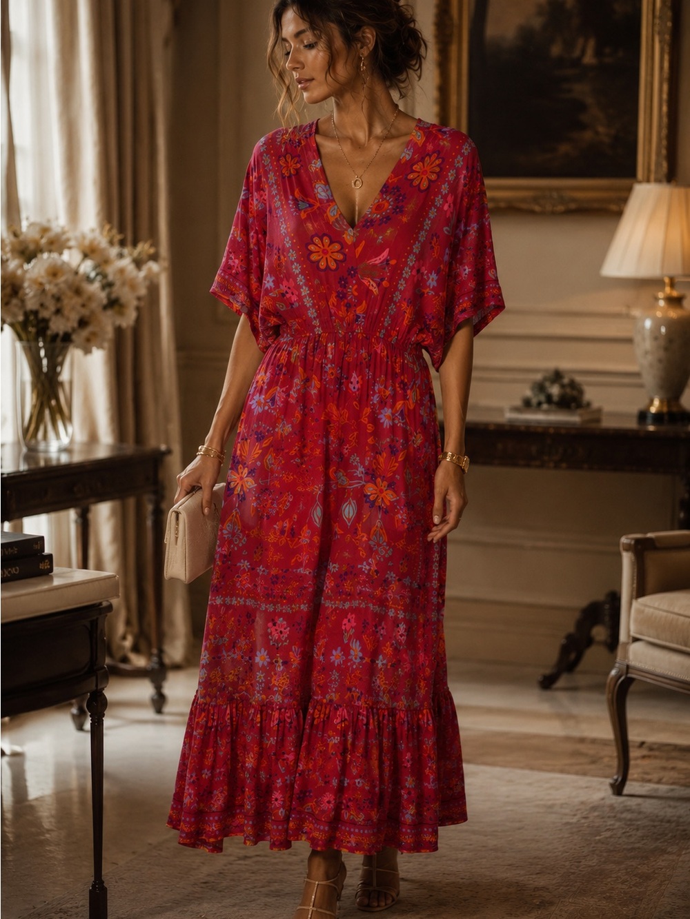 Boho Floral V-Neck wMidi Dress in Red